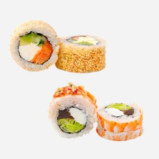 Ассорти роллов с огурцом, сыром, авокадо и рыбой, украшенных кунжутом и орехами